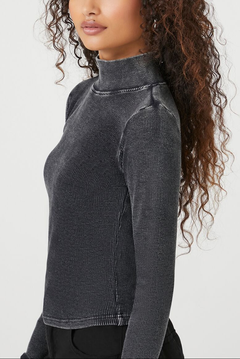  Forever 21 Waffle Knit Turtleneck Top - black - Bonton