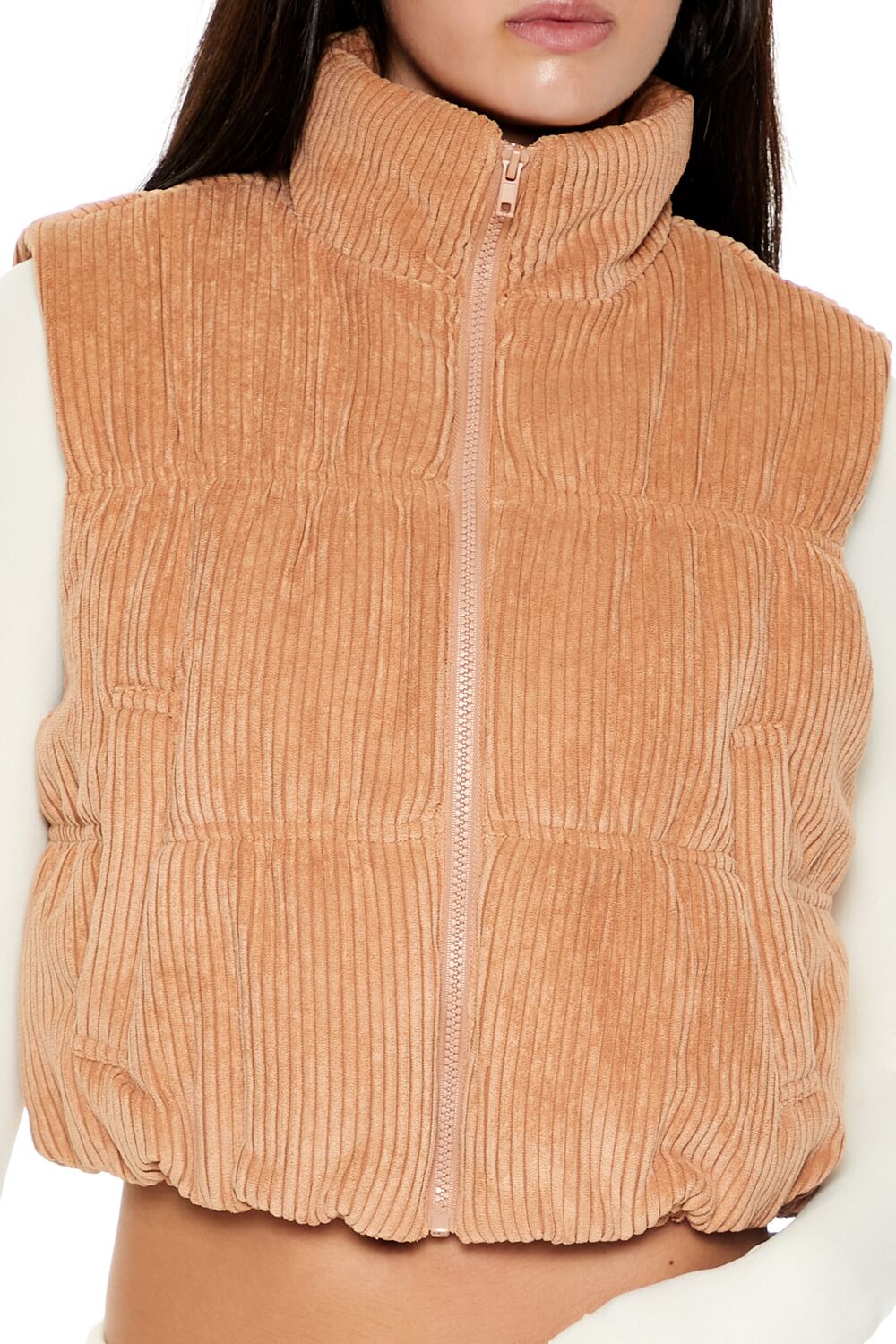  Forever 21 Cropped Funnel Neck Corduroy Vest - camel - Bonton
