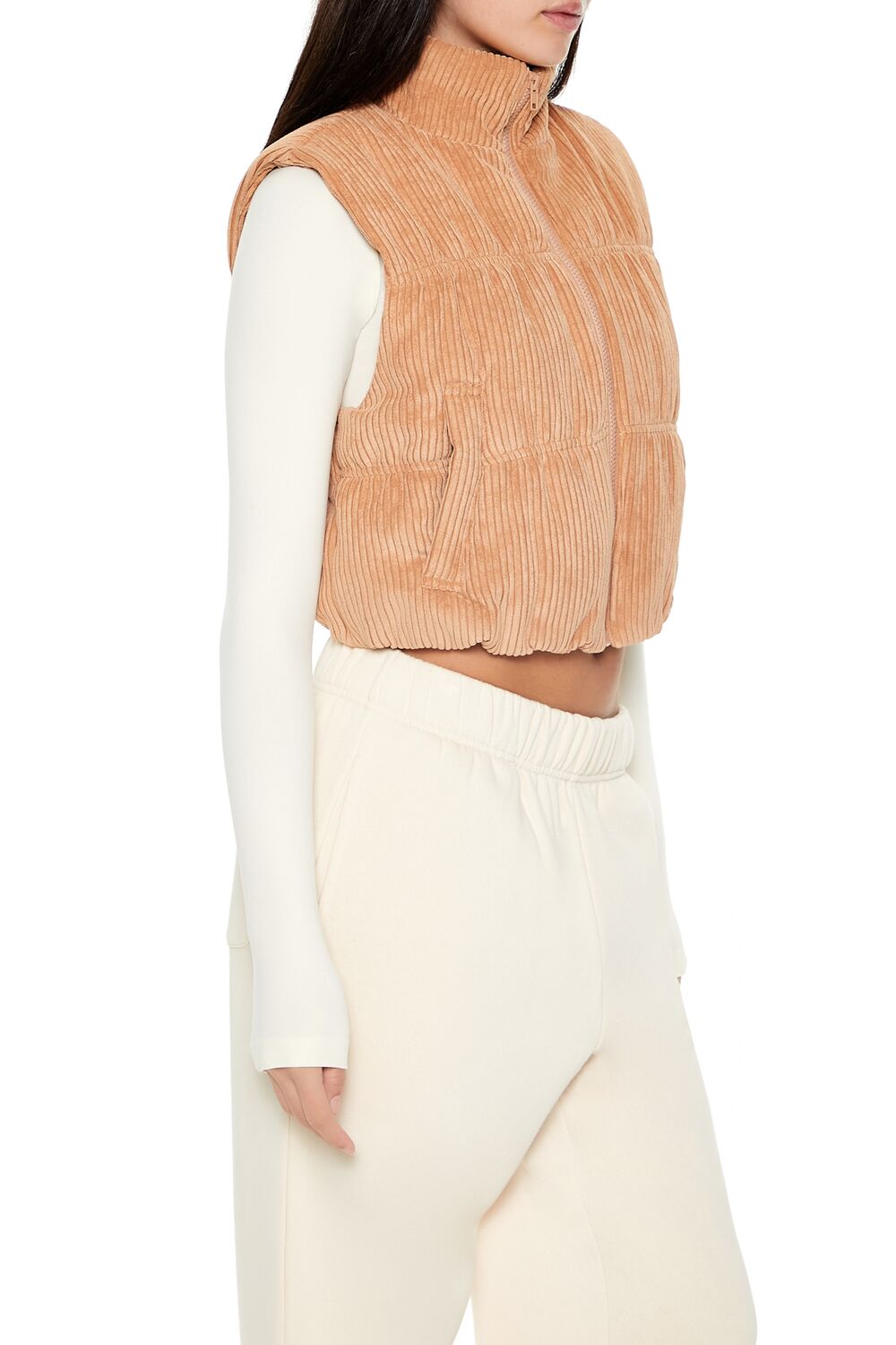  Forever 21 Cropped Funnel Neck Corduroy Vest - camel - Bonton