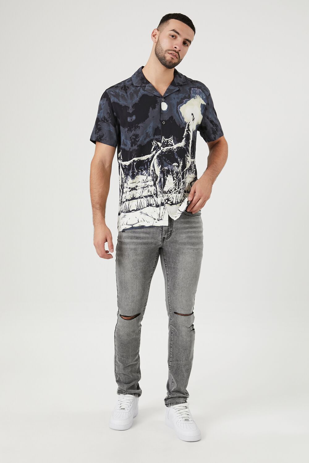  Forever 21 Twill Howling Wolf Graphic Shirt - grey multi - Bonton