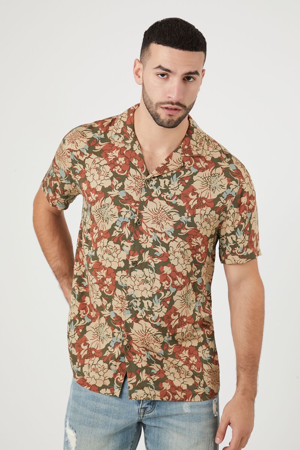  Forever 21 Twill Floral Print Shirt - olive multi - Bonton