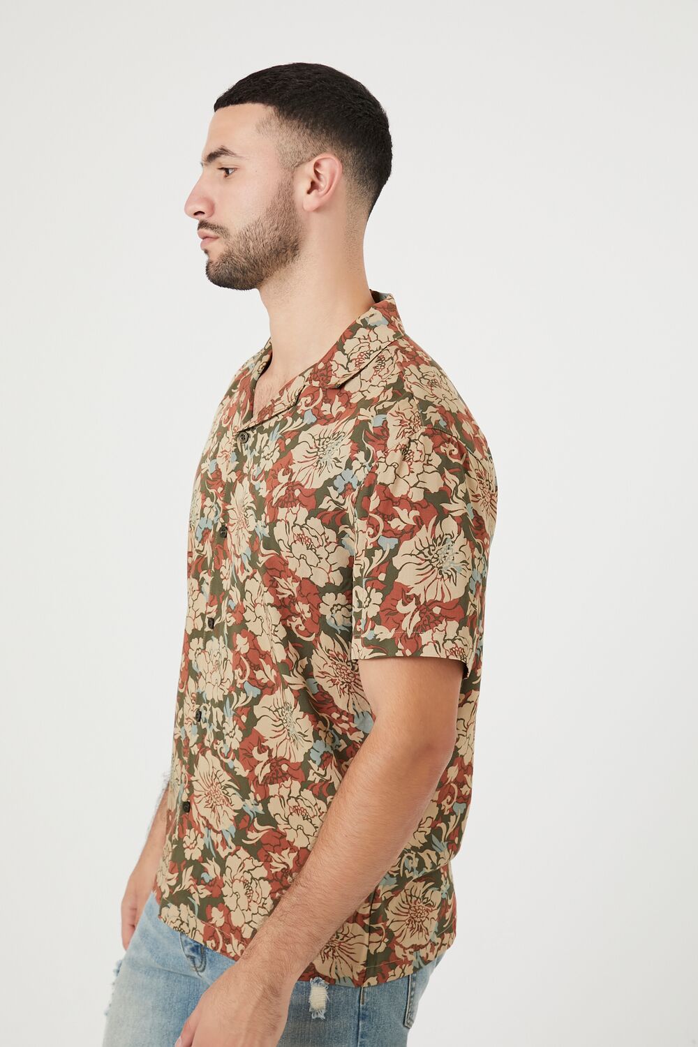  Forever 21 Twill Floral Print Shirt - olive multi - Bonton