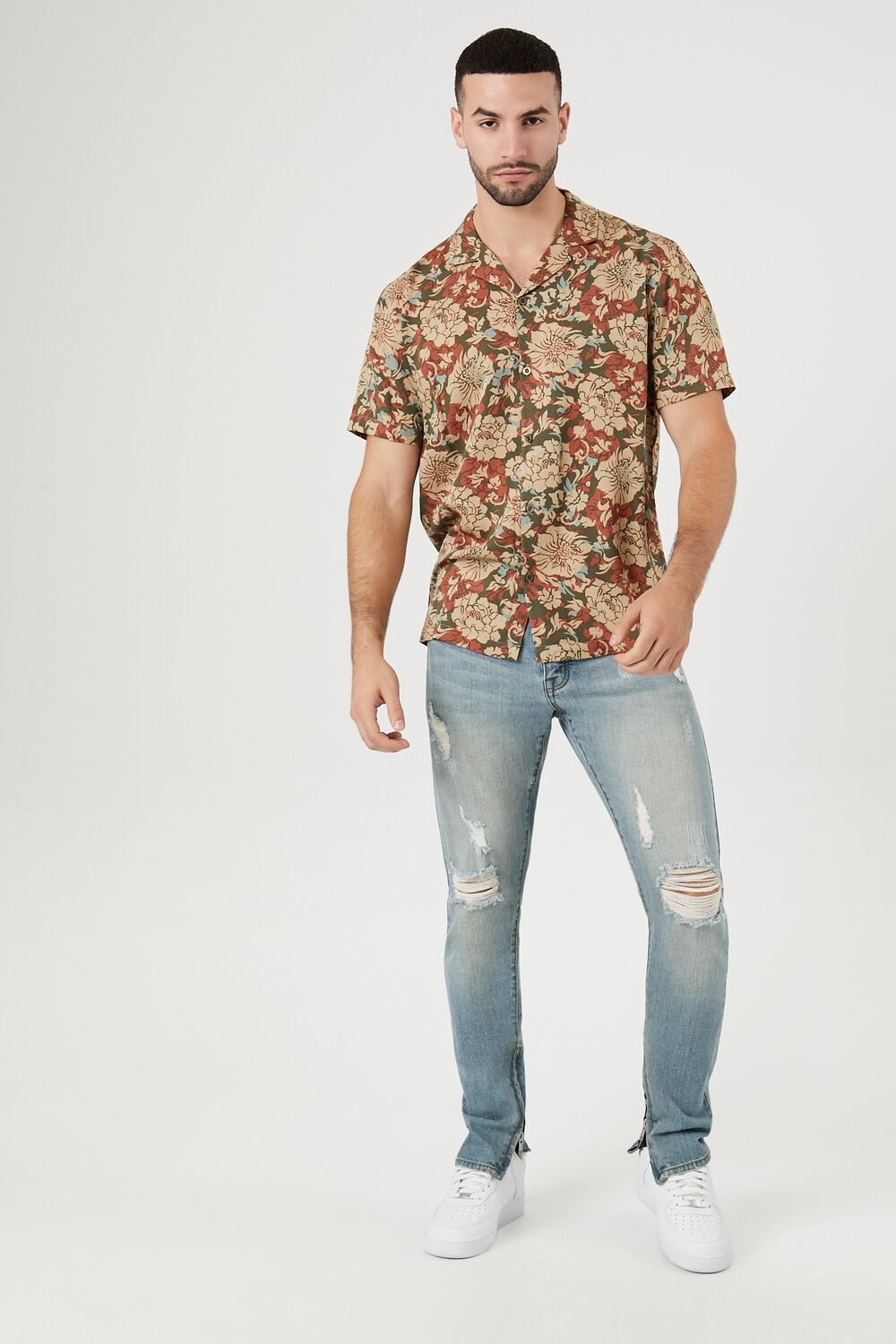  Forever 21 Twill Floral Print Shirt - olive multi - Bonton