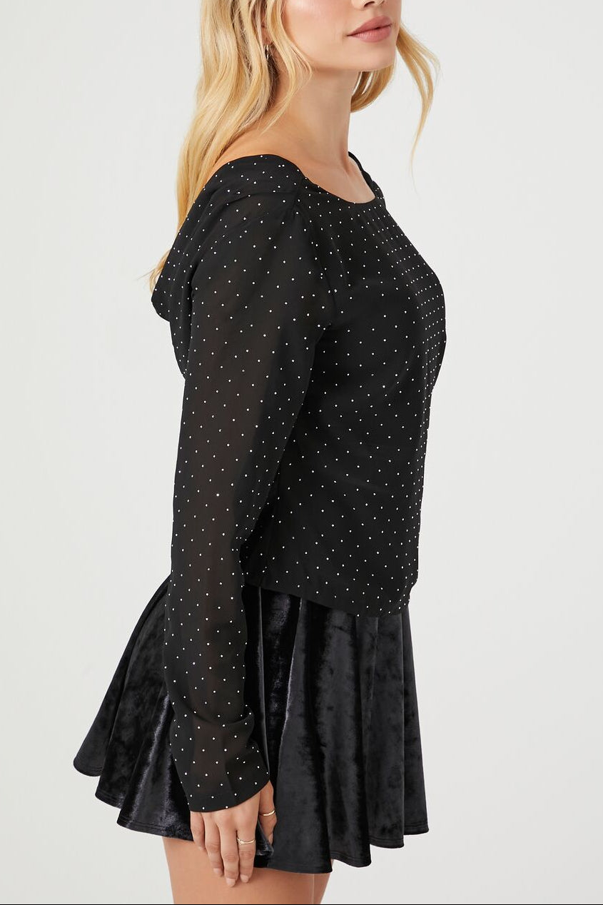  Forever 21 Rhinestone Cowl Back Long-Sleeve Top - black silver - Bonton