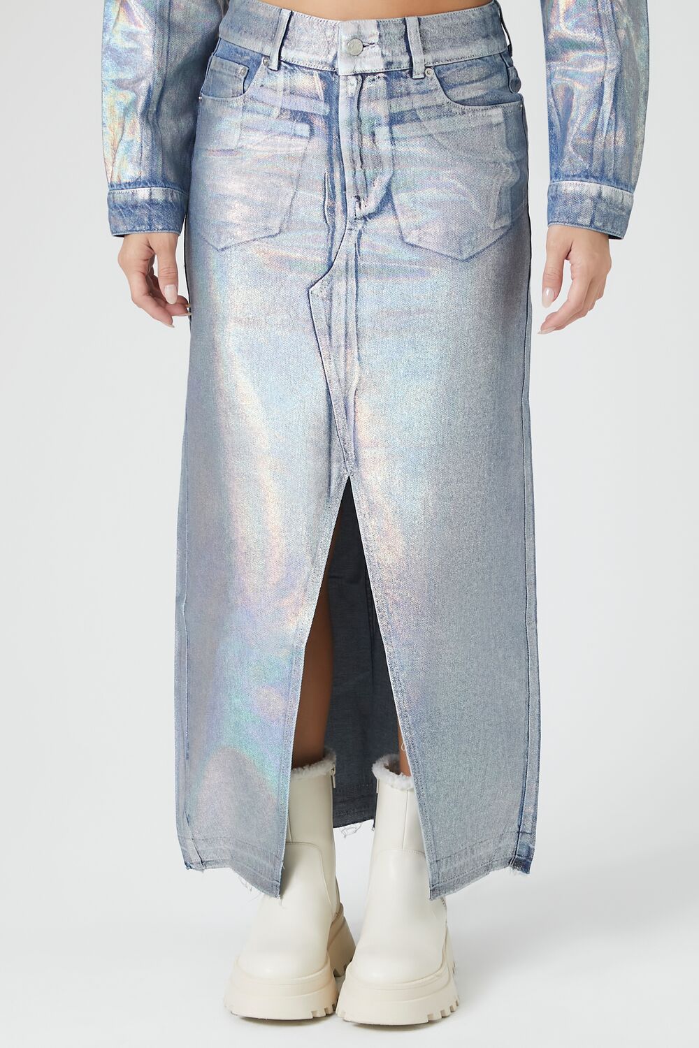  Forever 21 Iridescent Denim A-Line Maxi Skirt - denim - Bonton