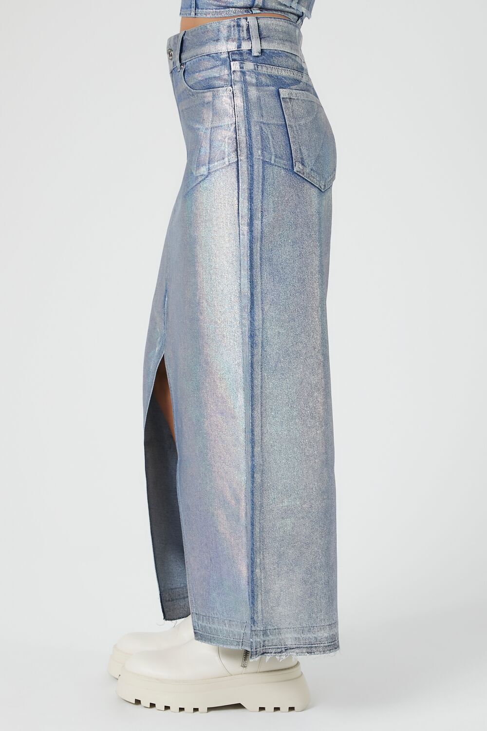  Forever 21 Iridescent Denim A-Line Maxi Skirt - denim - Bonton