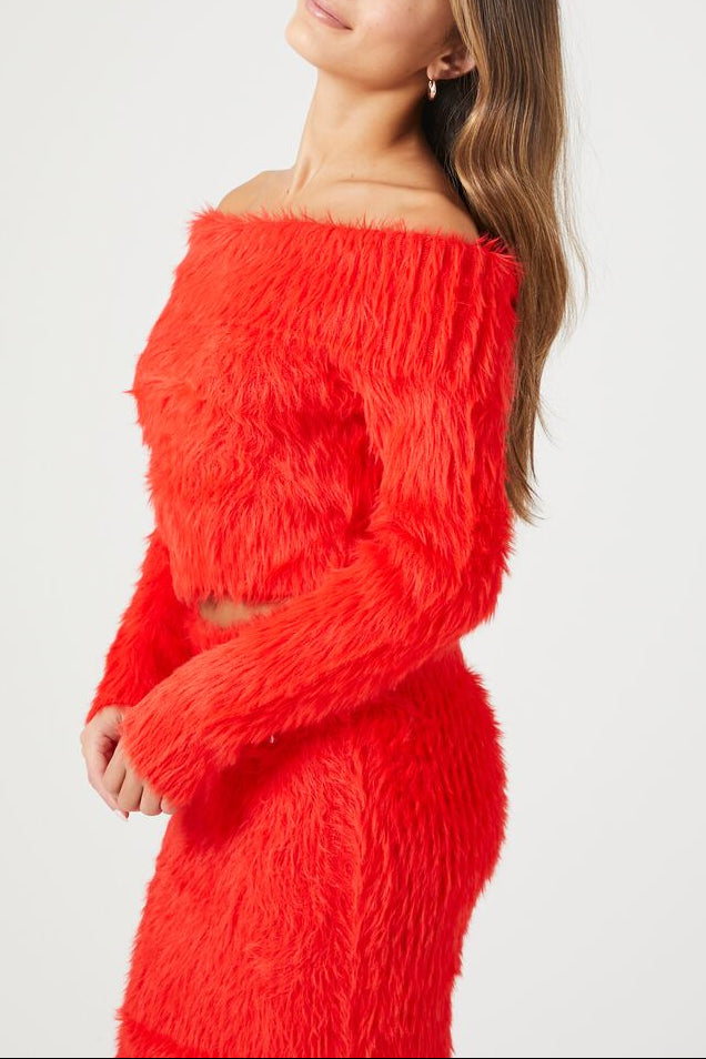  Forever 21 Faux Fur Off-the-Shoulder Top - fiery red - Bonton