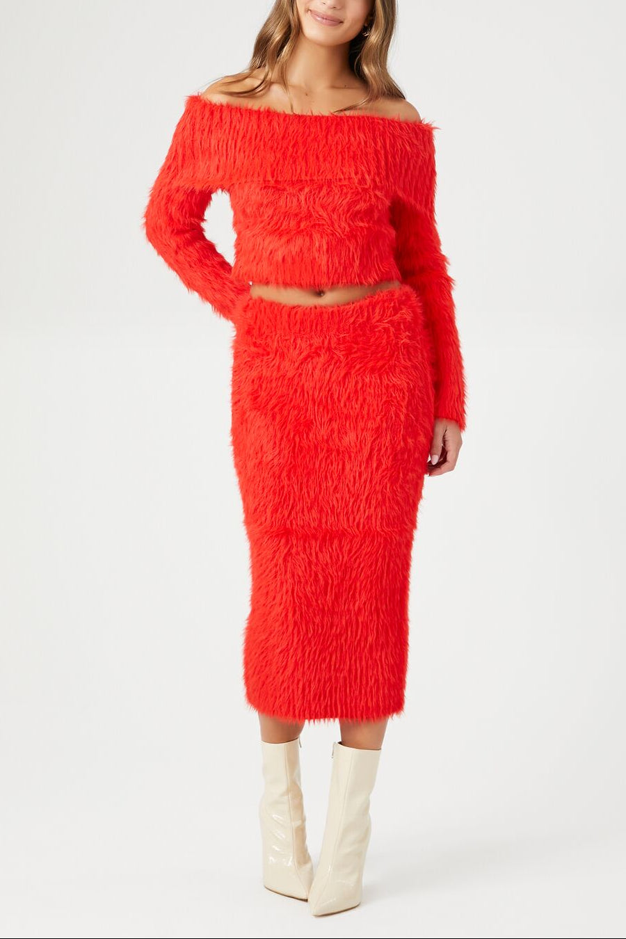  Forever 21 Faux Fur Off-the-Shoulder Top - fiery red - Bonton