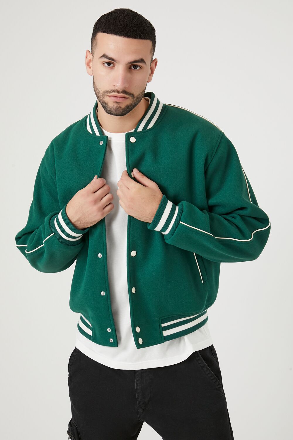  Forever 21 Varsity Letterman Bomber Jacket - green-cream-swatch - Bonton