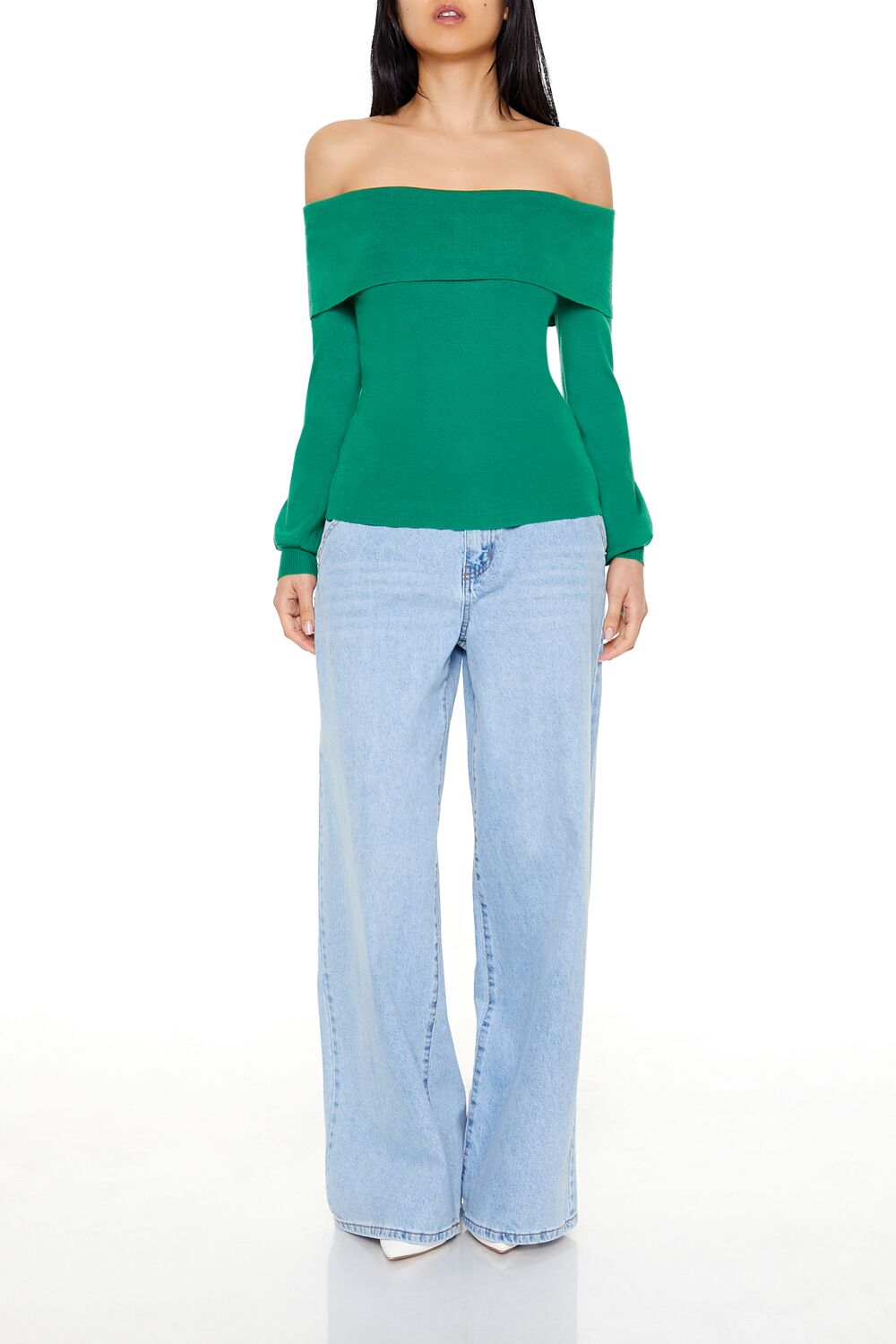  Forever 21 Fitted Off-the-Shoulder Sweater - verdant green - Bonton