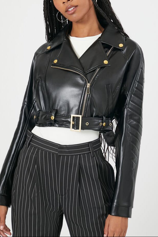  Forever 21 Cropped Faux Leather Moto Jacket - black-swatch - Bonton