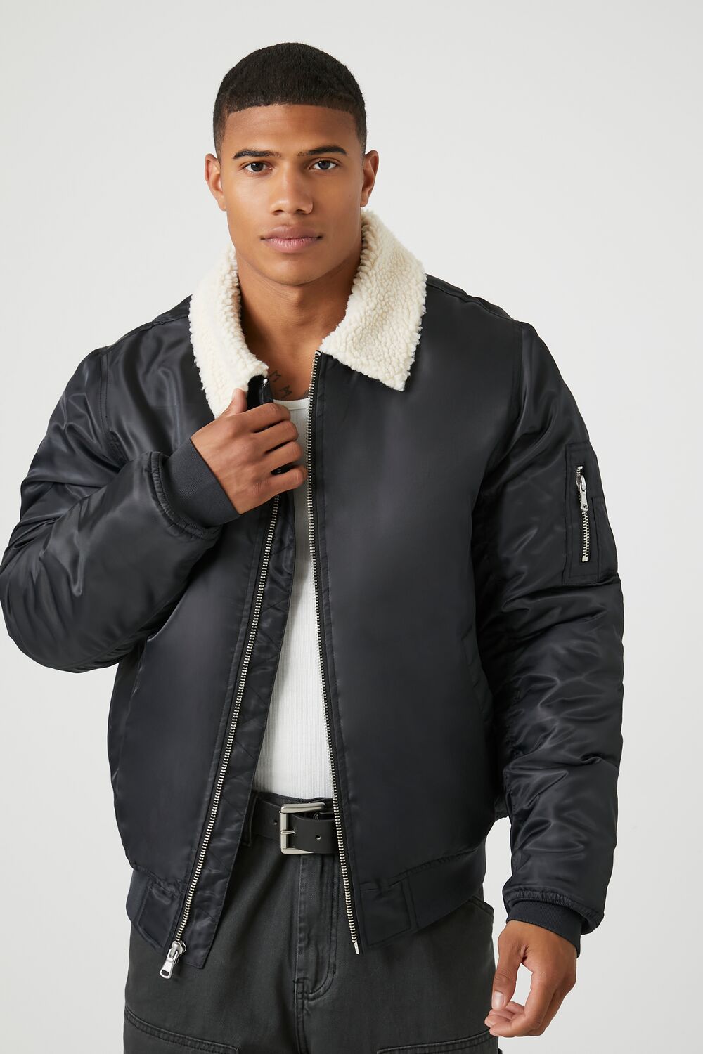  Forever 21 Faux Shearling-Trim Bomber Jacket - black-cream-swatch - Bonton