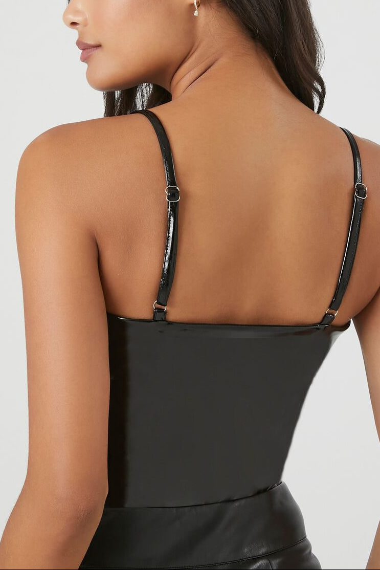  Forever 21 Faux Patent Leather Bodysuit - black - Bonton