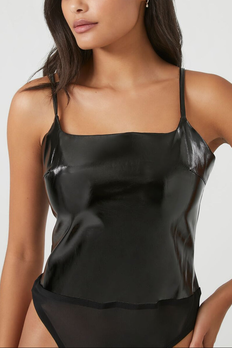  Forever 21 Faux Patent Leather Bodysuit - black - Bonton