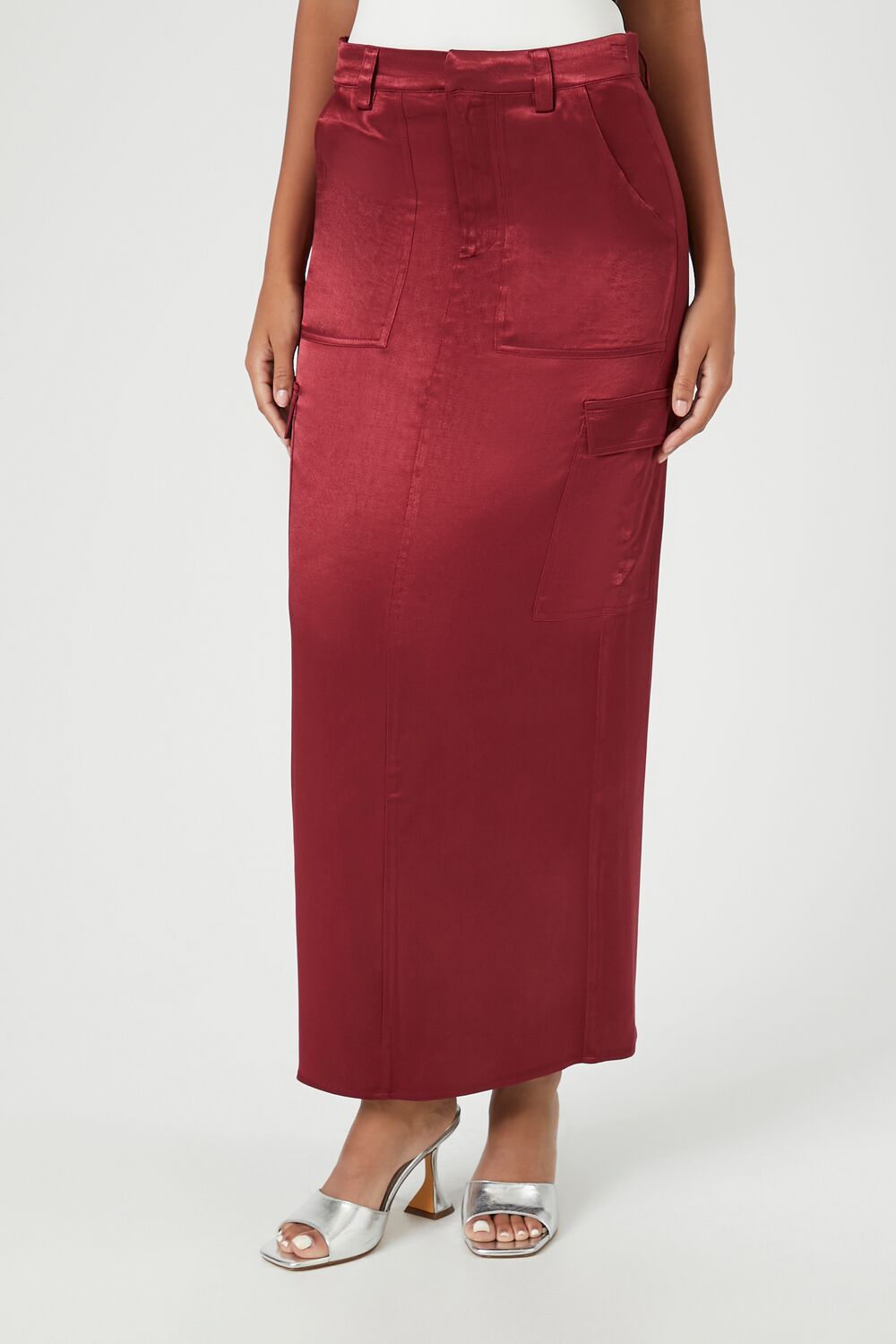  Forever 21 Satin Slit Midi Skirt - burgundy - Bonton