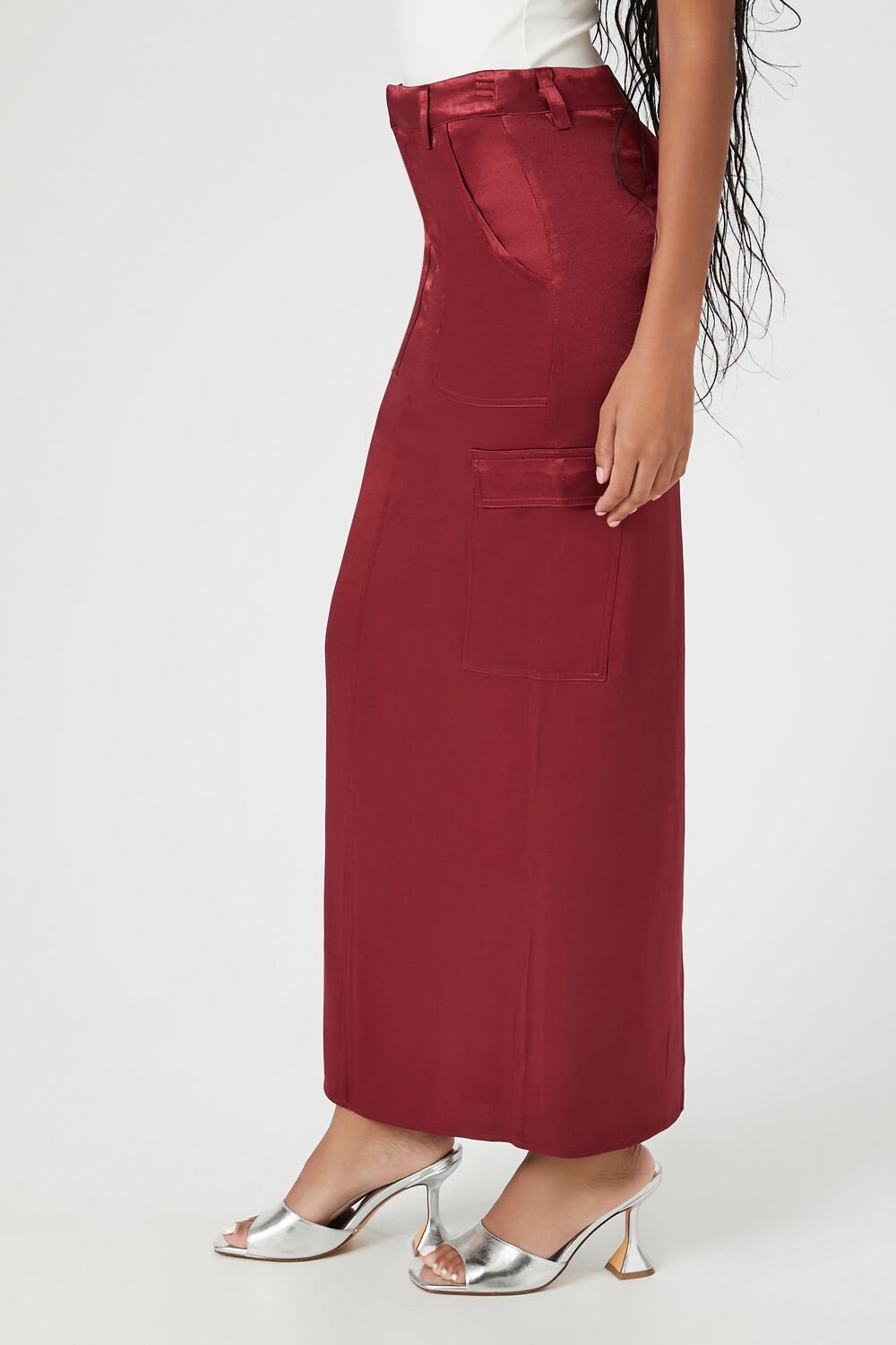  Forever 21 Satin Slit Midi Skirt - burgundy - Bonton