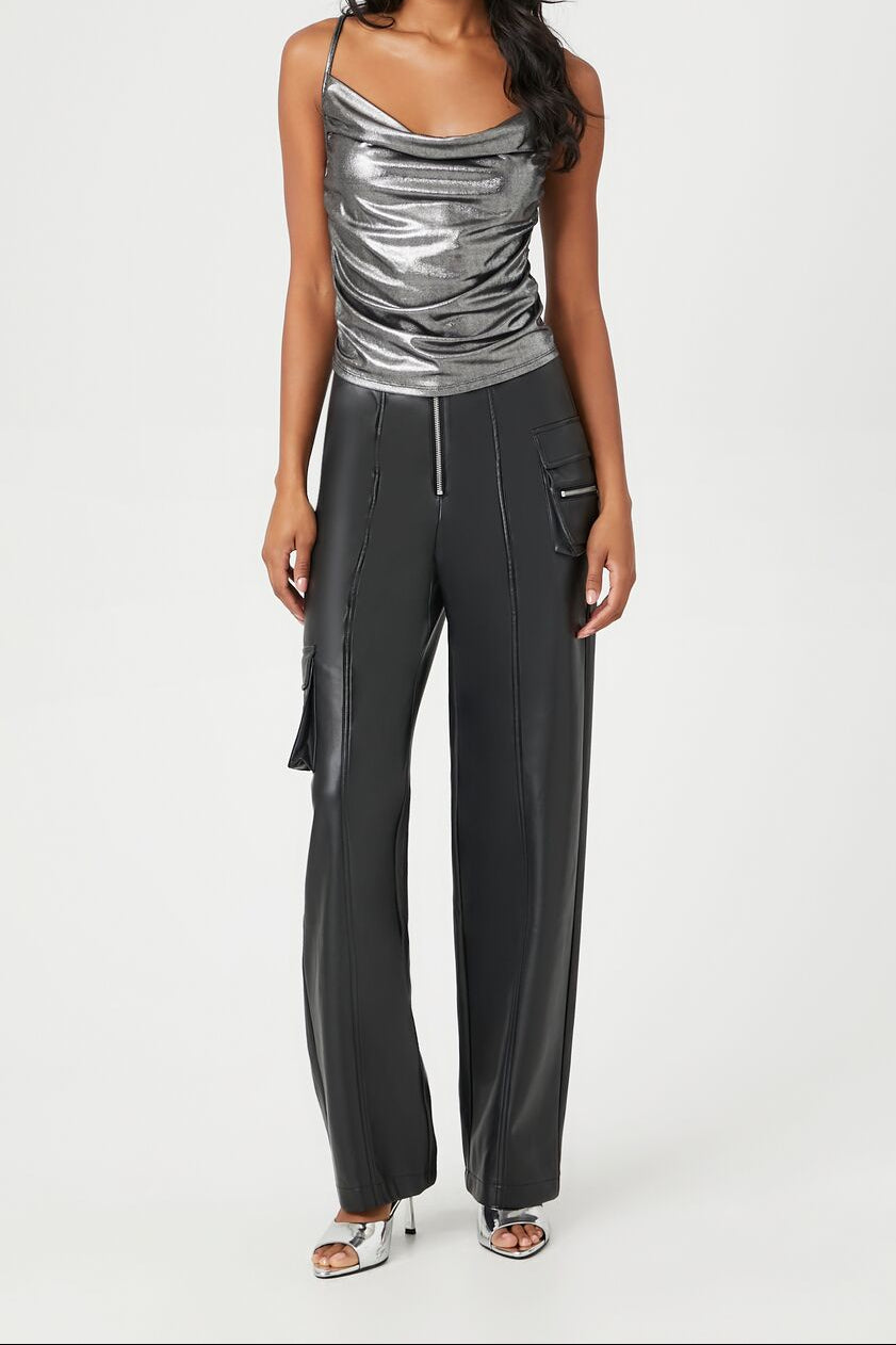  Forever 21 Faux Leather Cargo Ankle Pants - black - Bonton