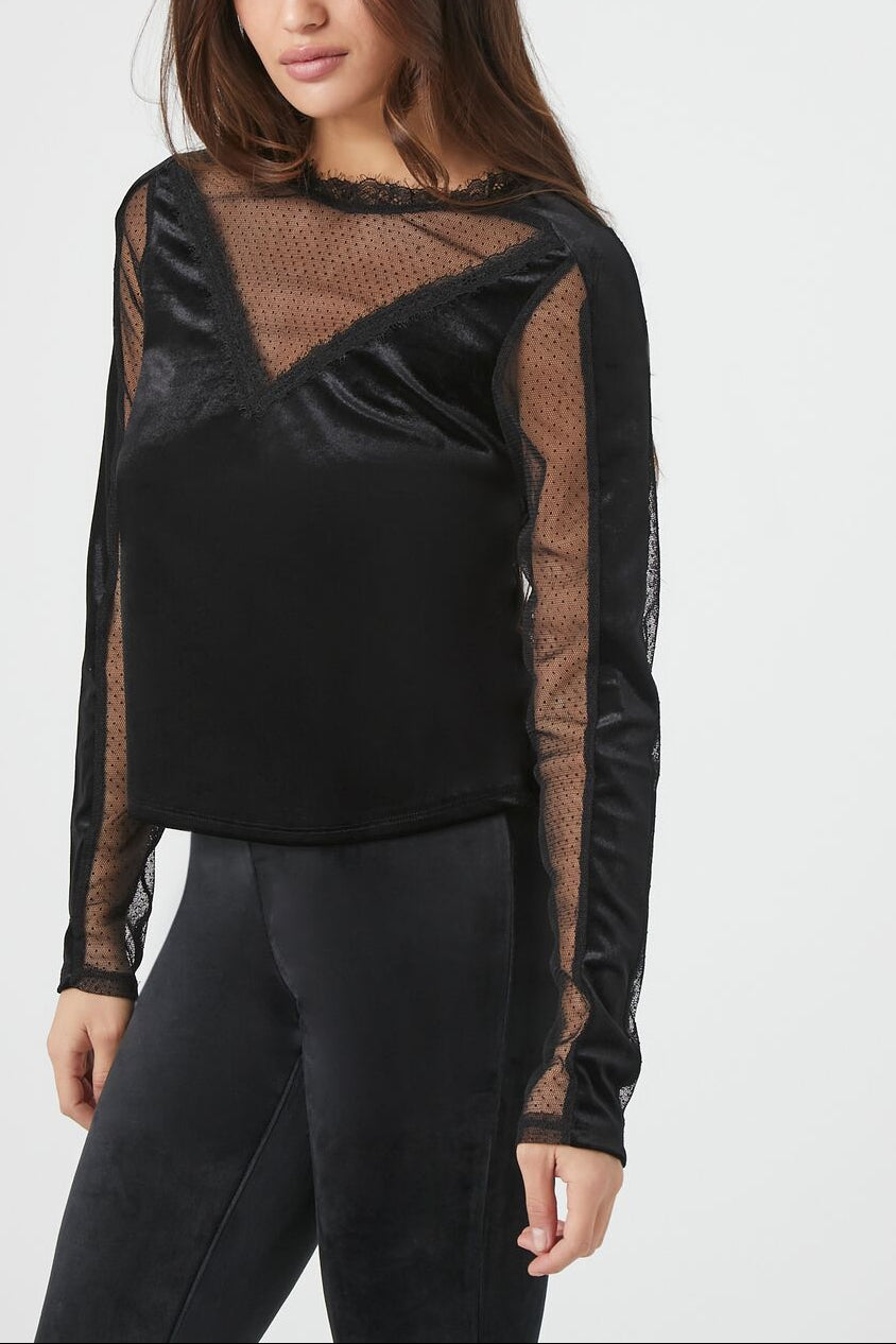  Forever 21 Sheer Lace Velvet Top - black - Bonton