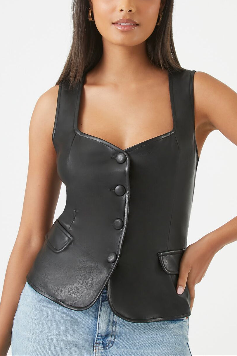  Forever 21 Sleeveless Faux Leather Top - black-swatch - Bonton