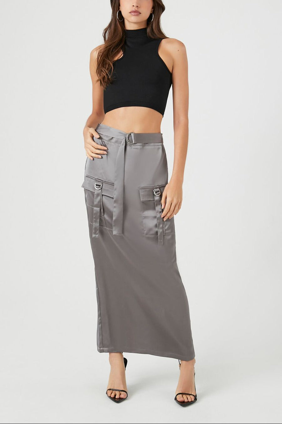  Forever 21 Satin Cargo Maxi Skirt - dark-grey - Bonton