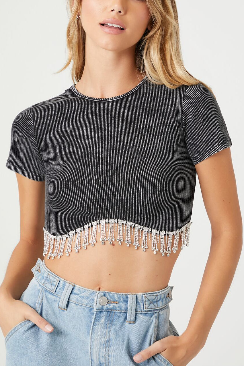  Forever 21 Rhinestone-Fringe Cropped Tee - black - Bonton