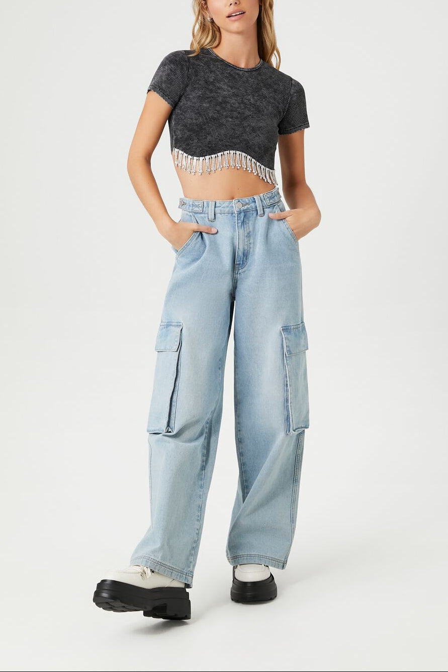  Forever 21 Rhinestone-Fringe Cropped Tee - black - Bonton