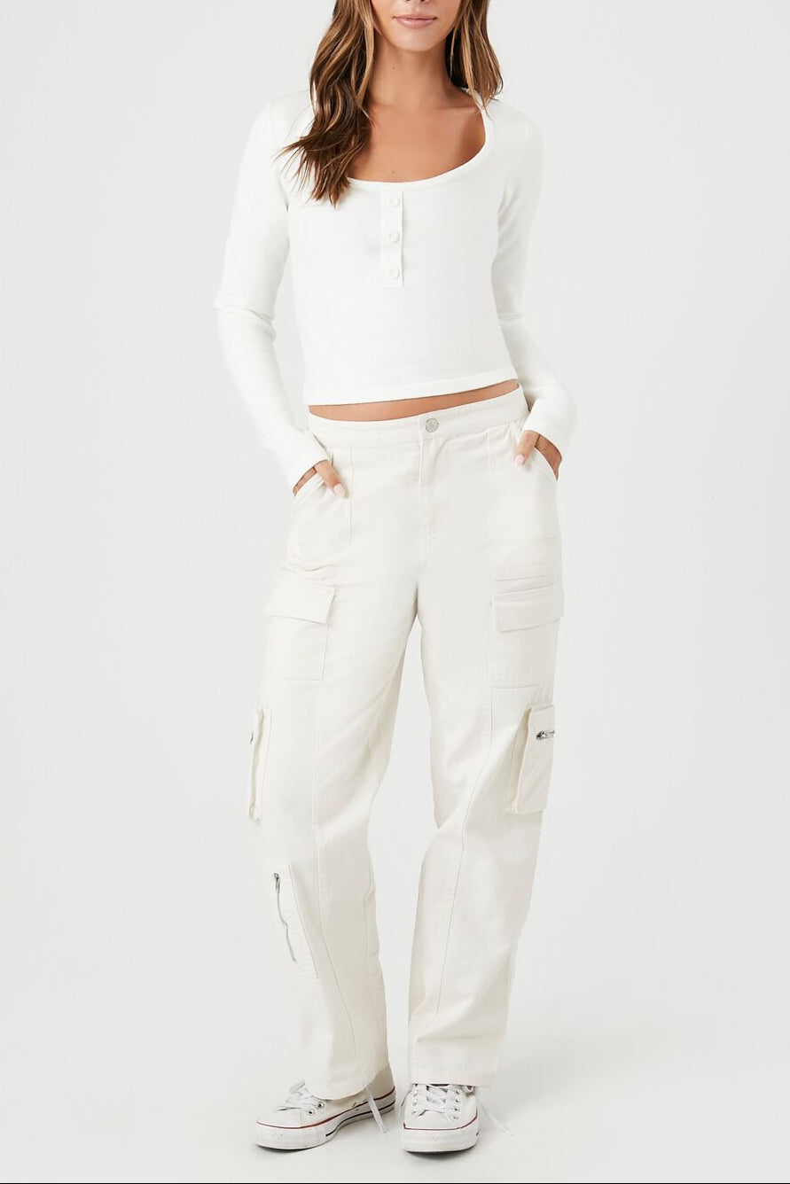  Forever 21 Cropped Sweater-Knit Henley Top - vanilla - Bonton