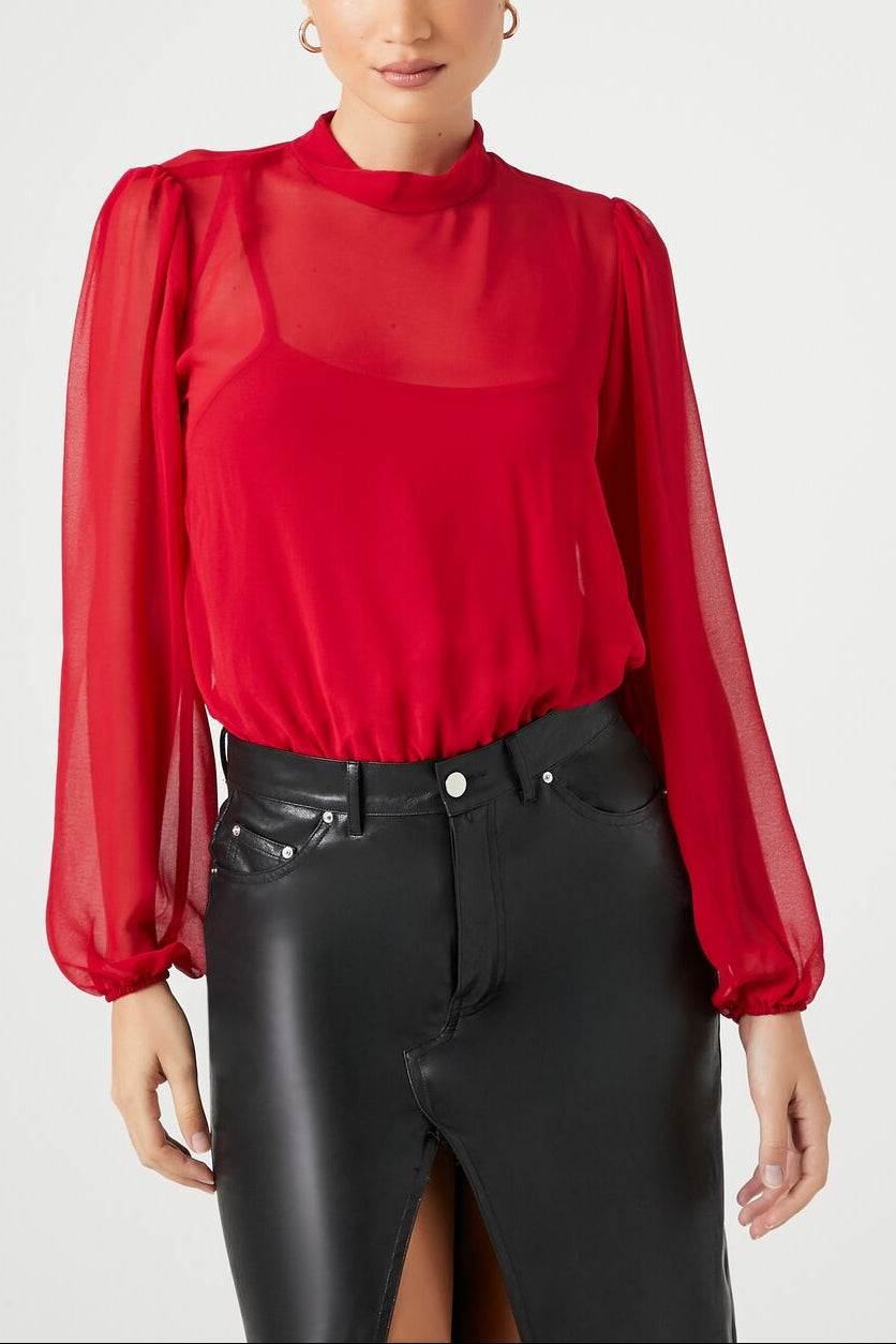  Forever 21 Chiffon Mock Neck Bodysuit - red - Bonton