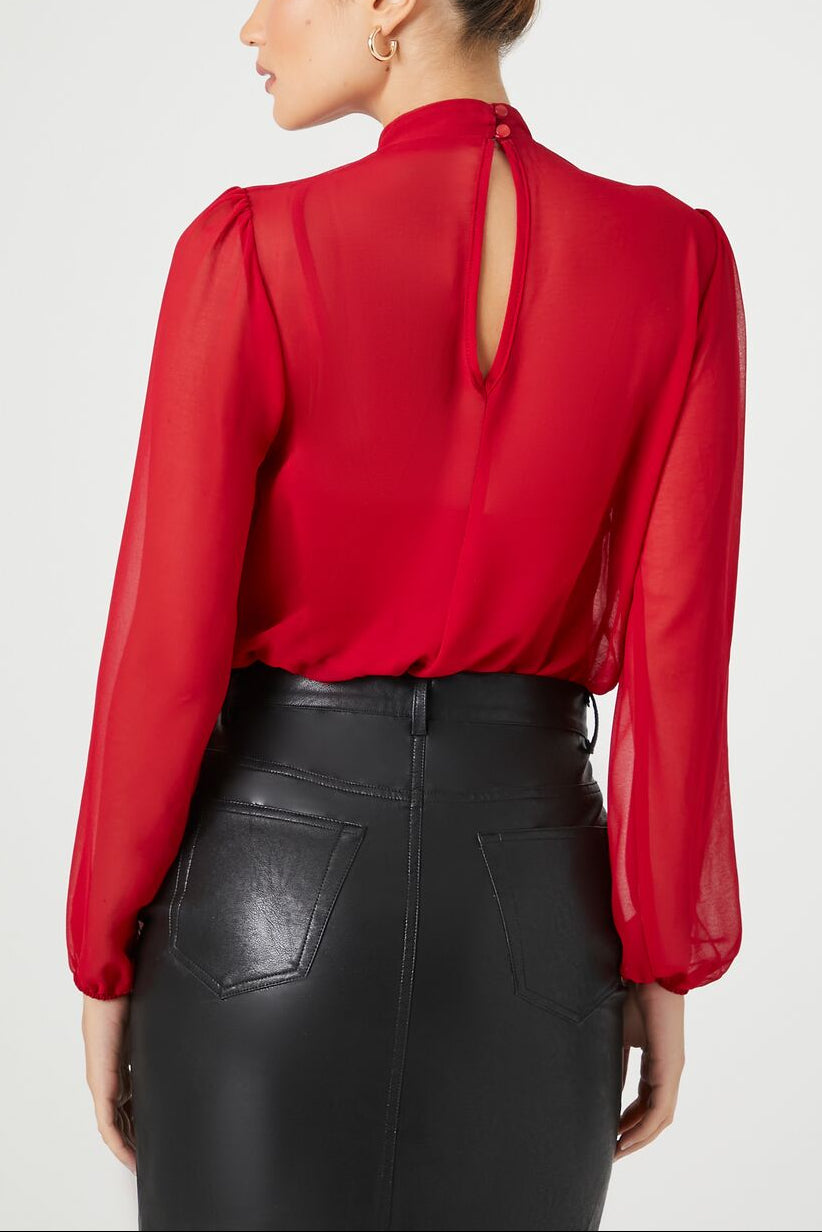  Forever 21 Chiffon Mock Neck Bodysuit - red - Bonton