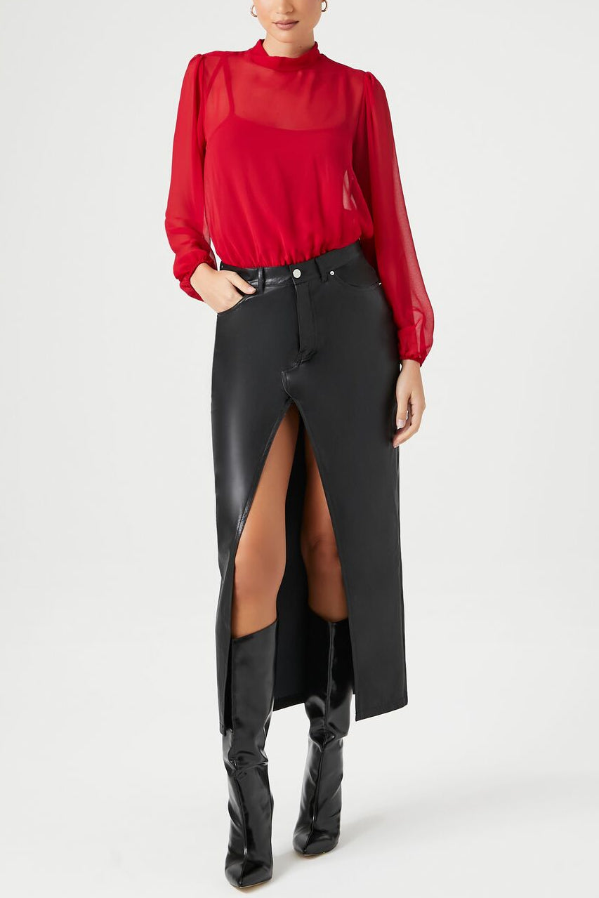  Forever 21 Chiffon Mock Neck Bodysuit - red - Bonton