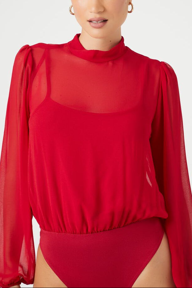  Forever 21 Chiffon Mock Neck Bodysuit - red - Bonton