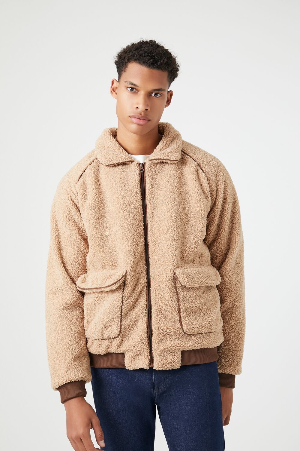 Forever 21 Faux Shearling Zip-Up Jacket - khaki-swatch - Bonton