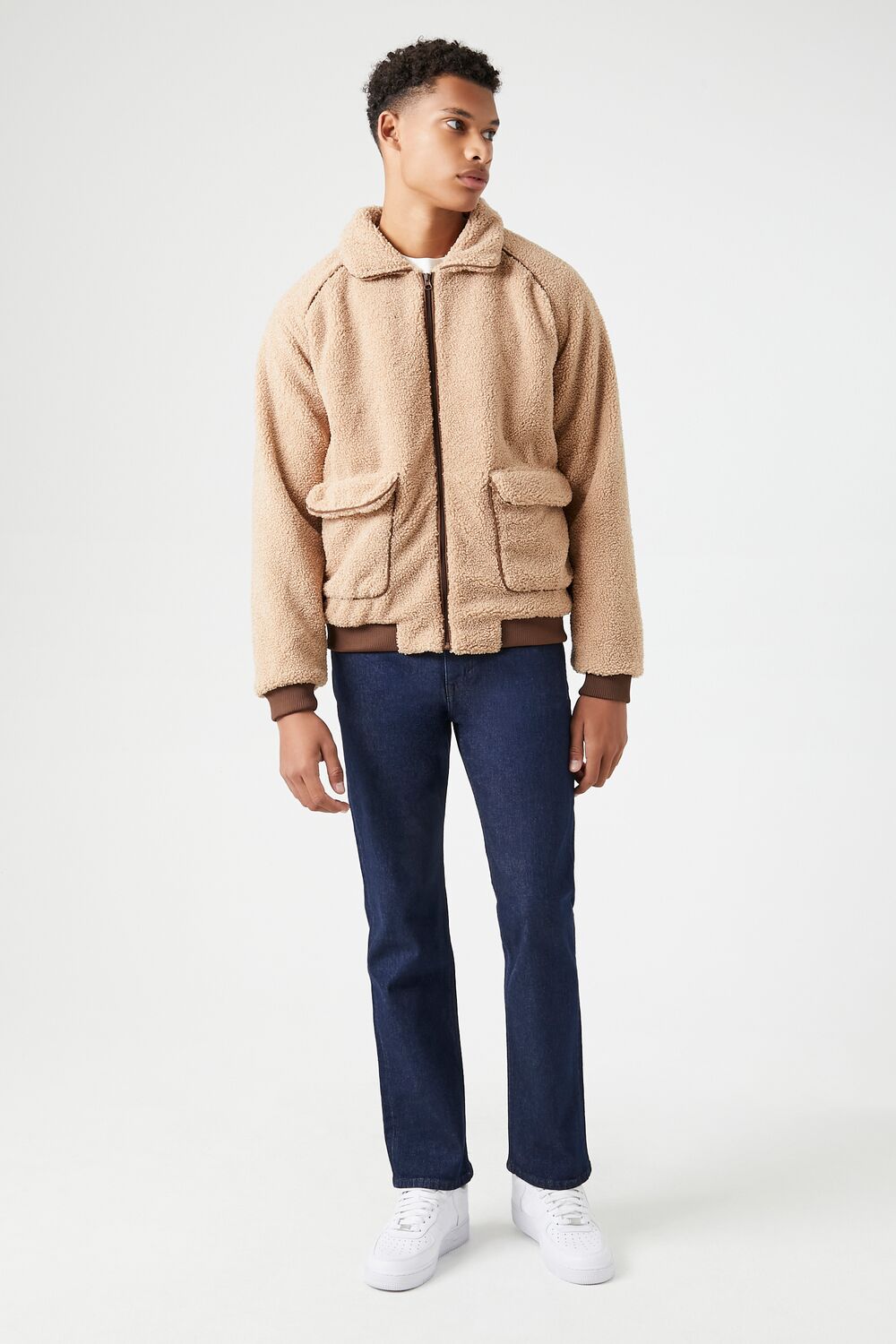  Forever 21 Faux Shearling Zip-Up Jacket - khaki-swatch - Bonton
