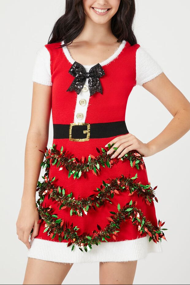  Forever 21 Tinsel Garland Santa Mini Dress - red-multi - Bonton