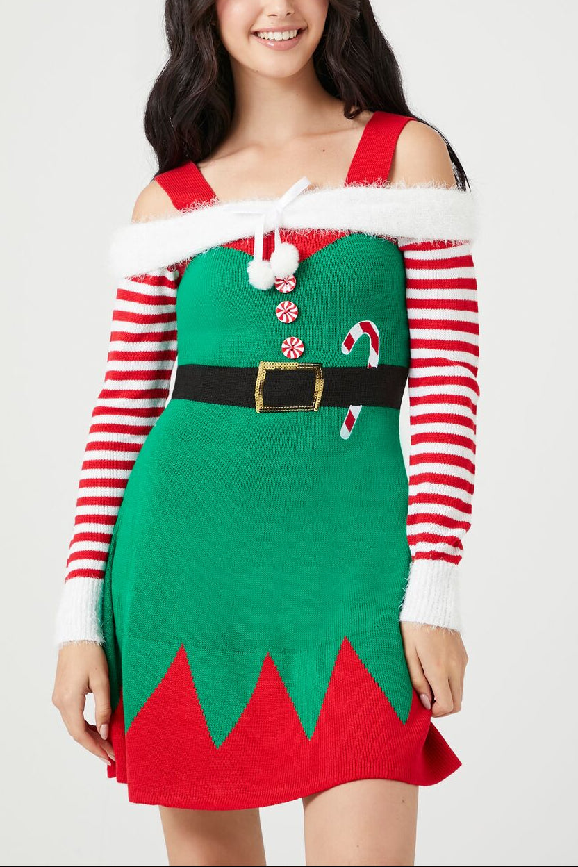  Forever 21 Peppermint Elf Mini Dress - green-multi-swatch - Bonton