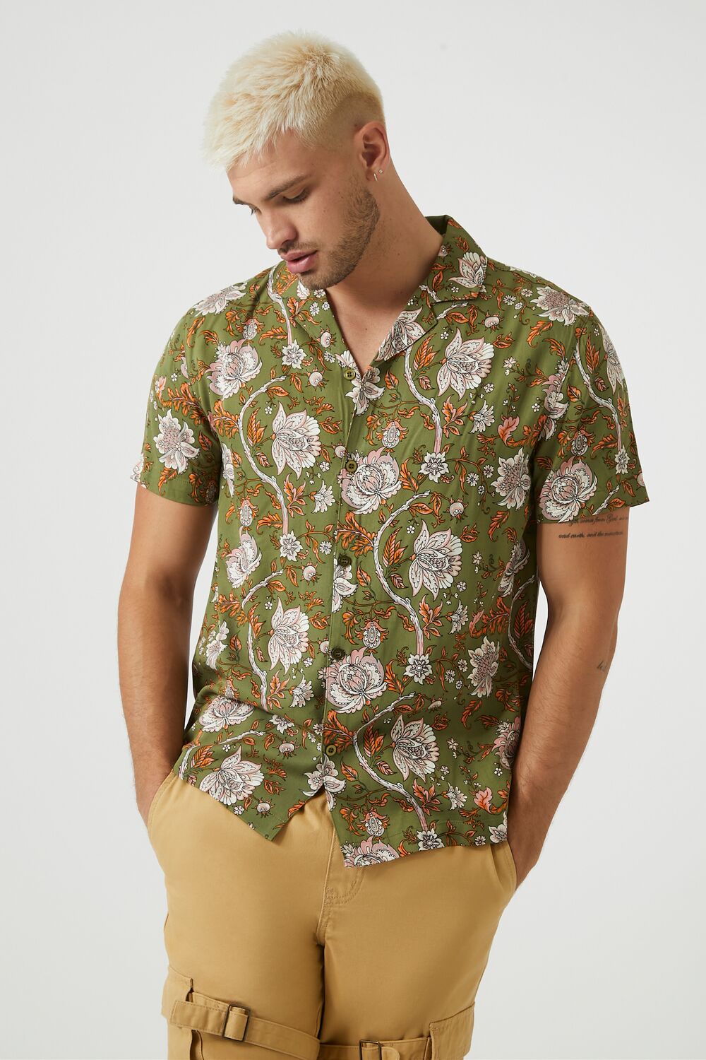 Forever 21 Ornate Floral Print Shirt - olive multi - Bonton