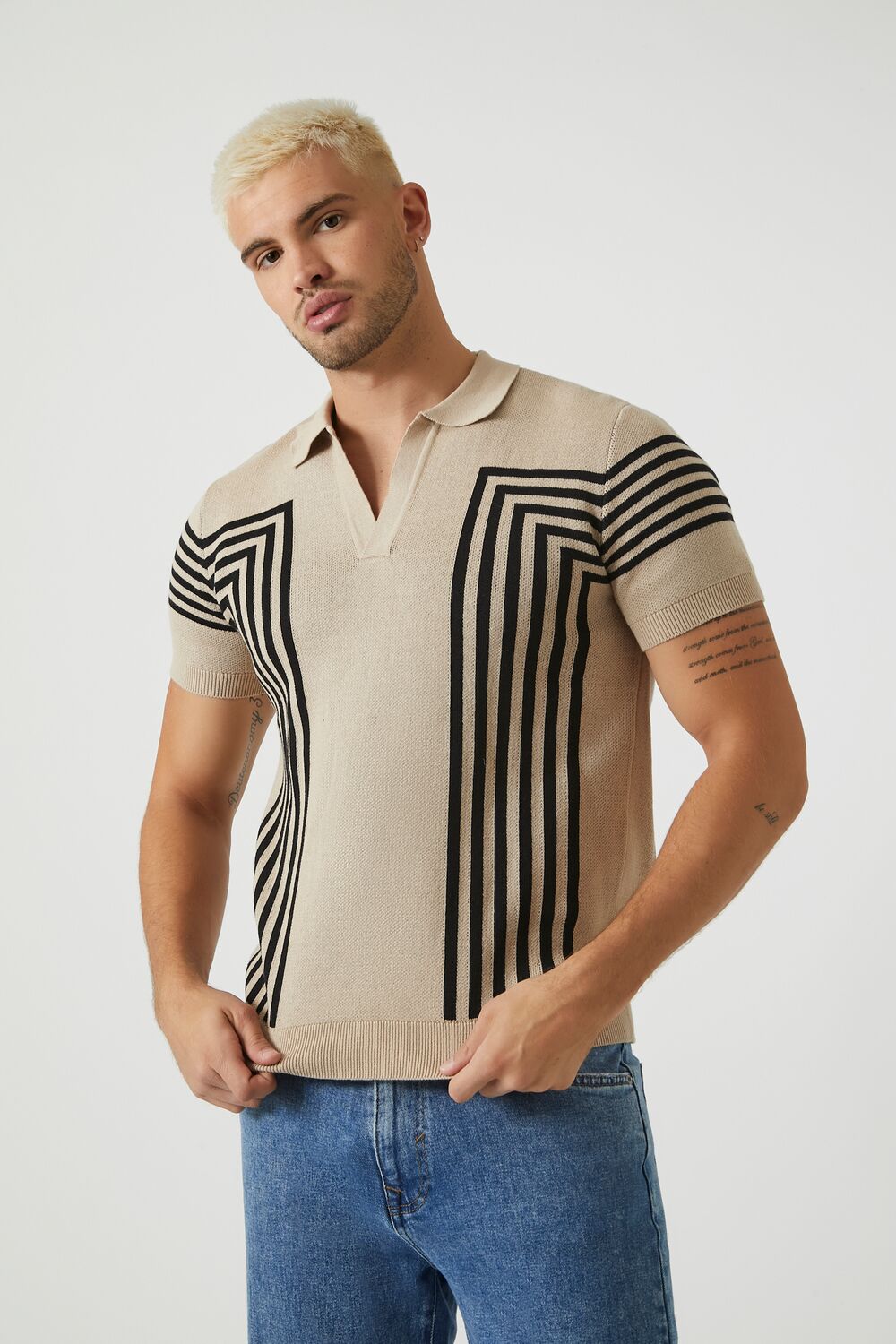  Forever 21 Geo Sweater-Knit Polo Shirt - taupe black - Bonton