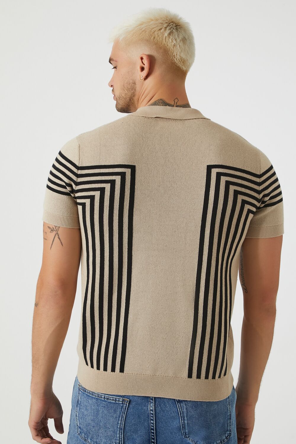  Forever 21 Geo Sweater-Knit Polo Shirt - taupe black - Bonton