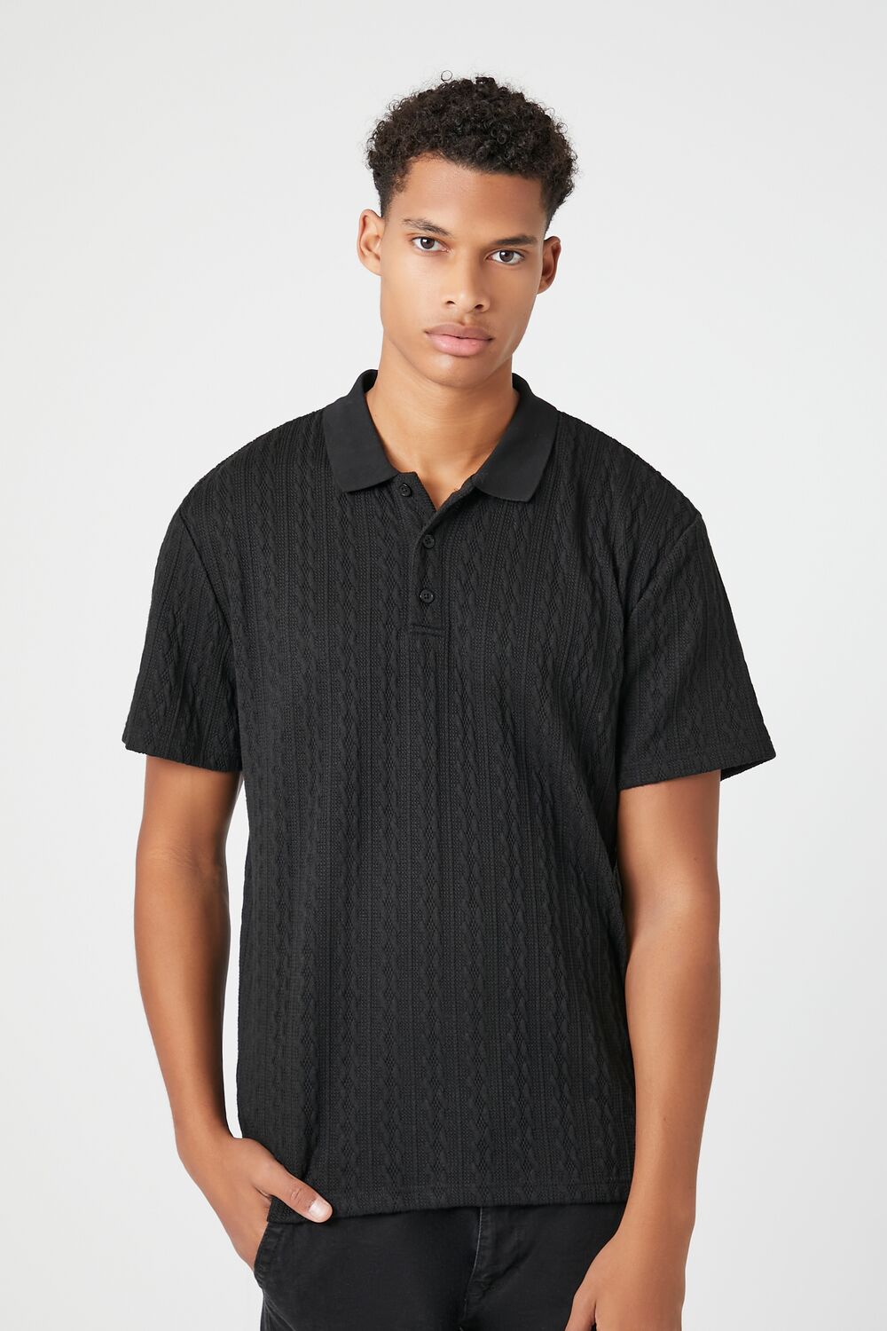  Forever 21 Textured Short-Sleeve Polo Shirt - black - Bonton