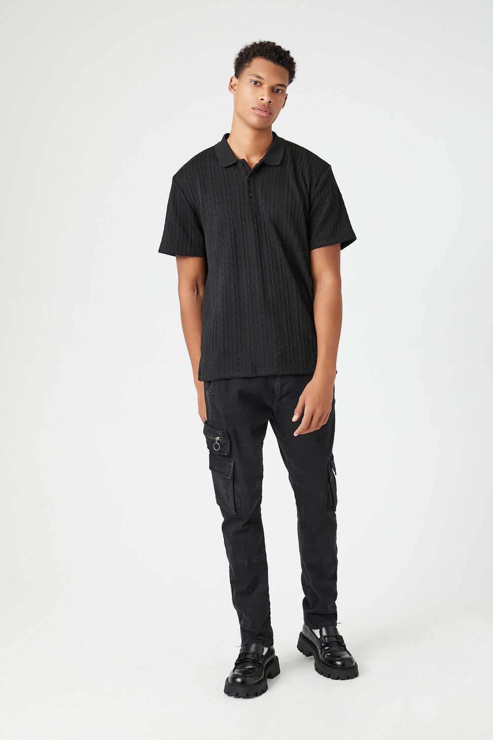  Forever 21 Textured Short-Sleeve Polo Shirt - black - Bonton