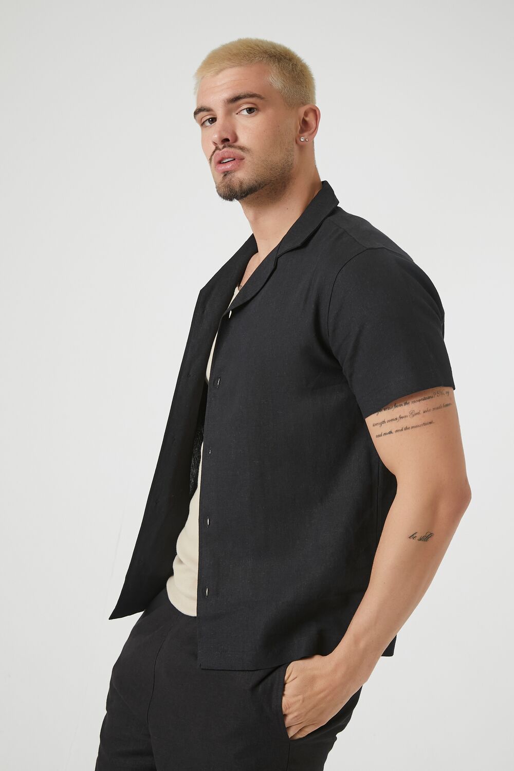  Forever 21 Linen-Blend Cuban Collar Shirt - black - Bonton