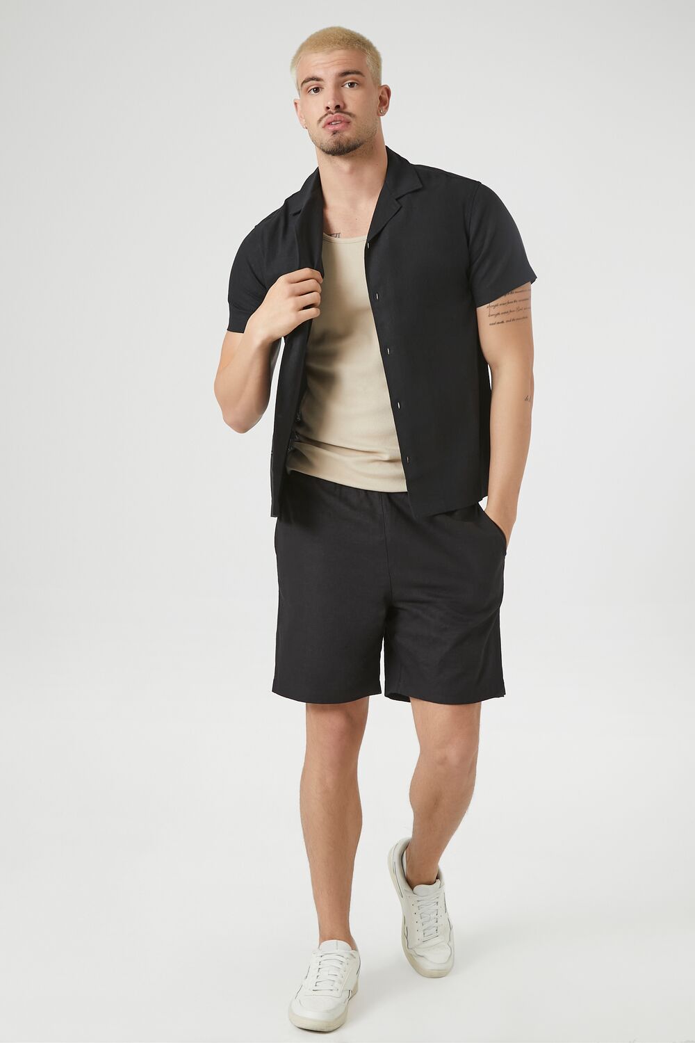  Forever 21 Linen-Blend Cuban Collar Shirt - black - Bonton