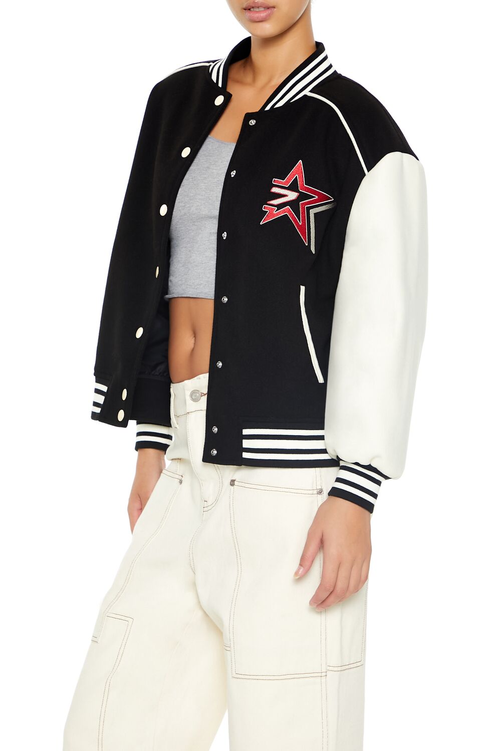  Forever 21 Star Girl Varsity Letterman Jacket - black-multi - Bonton