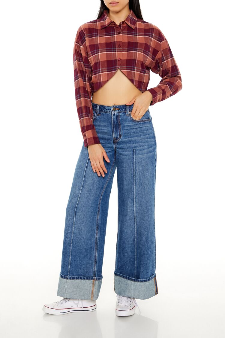  Forever 21 Plaid Flannel Cropped Shirt - red multi - Bonton