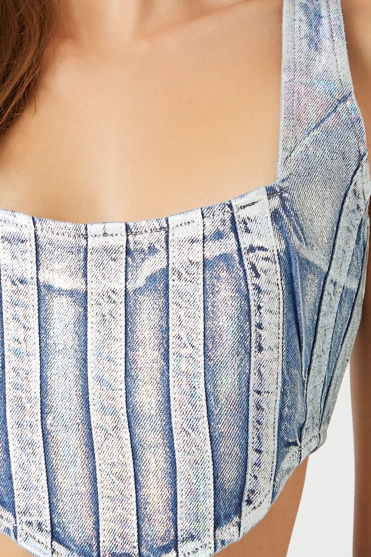  Forever 21 Denim Curved-Hem Crop Top - silver - Bonton
