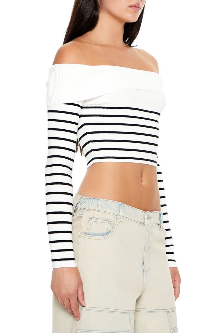  Forever 21 Striped Off-the-Shoulder Sweater - white black - Bonton