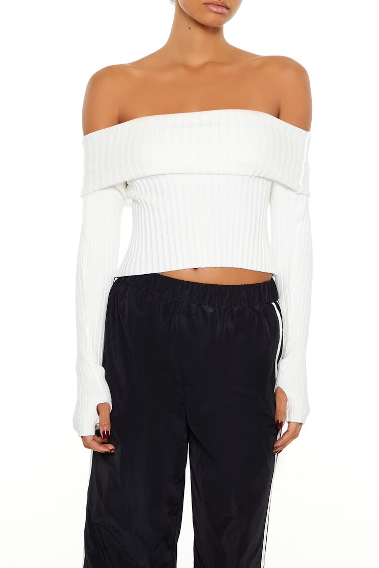  Forever 21 Sweater-Knit Off-the-Shoulder Top - vanilla - Bonton