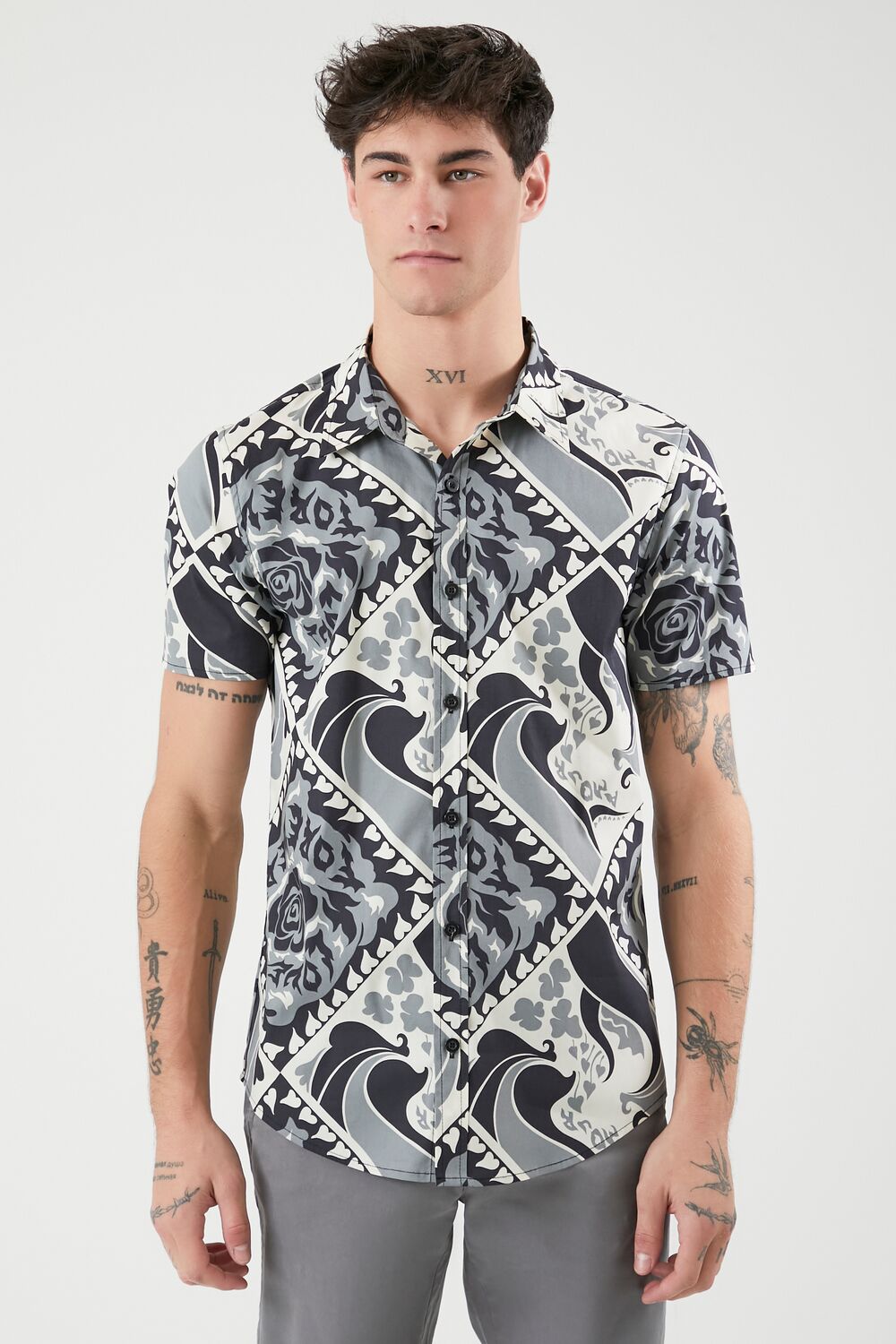  Forever 21 Ornate Print Curved-Hem Shirt - grey multi - Bonton