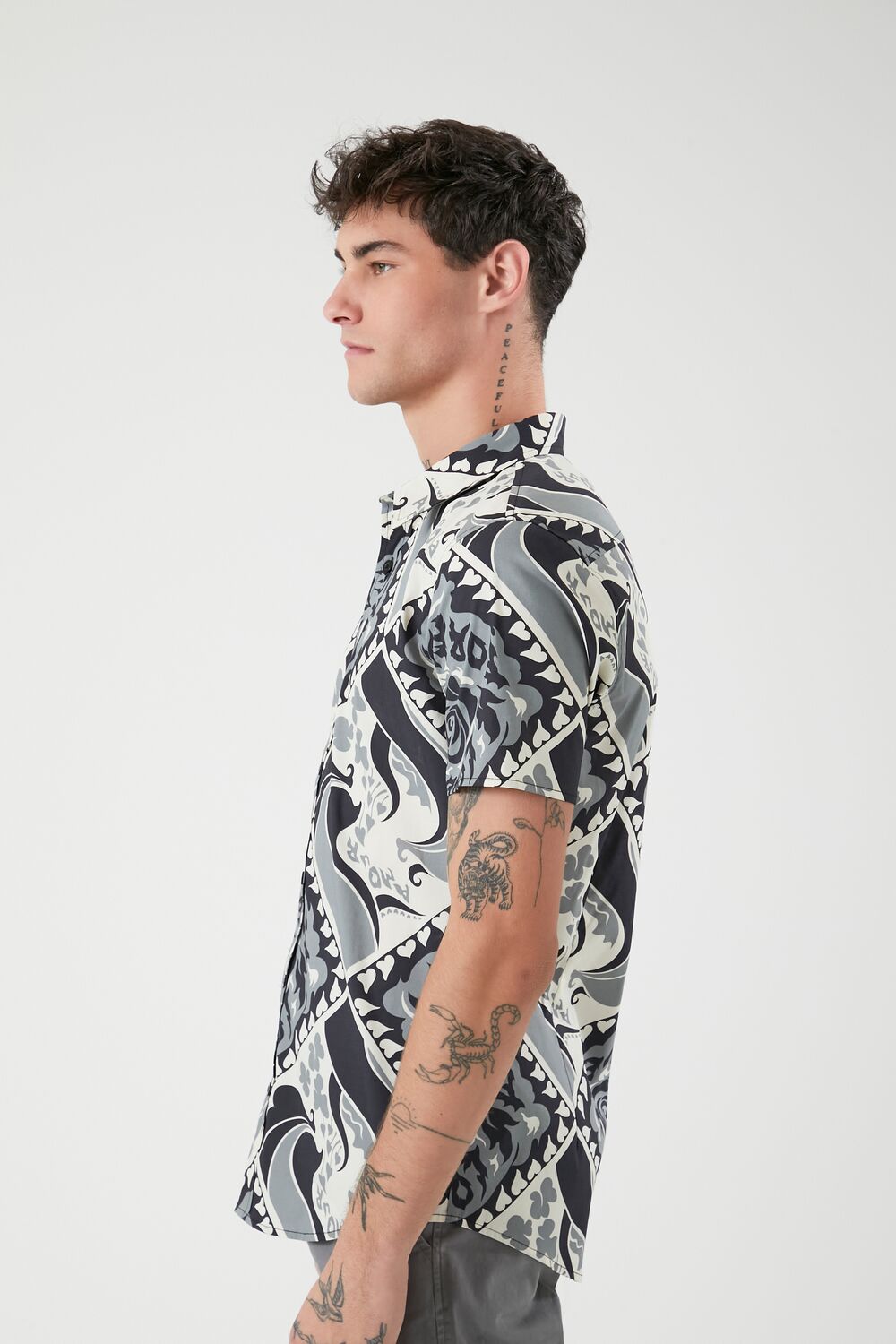  Forever 21 Ornate Print Curved-Hem Shirt - grey multi - Bonton