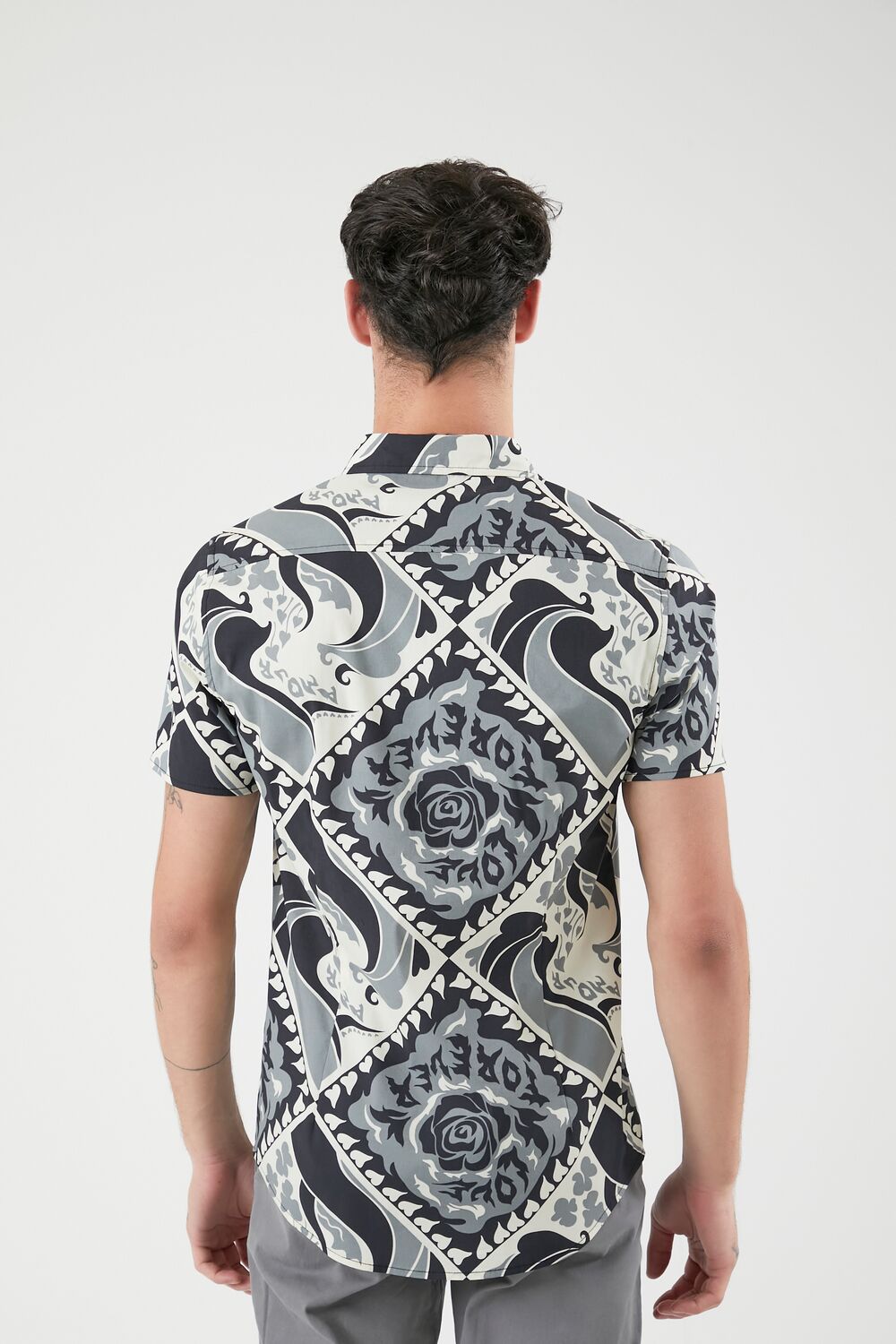  Forever 21 Ornate Print Curved-Hem Shirt - grey multi - Bonton